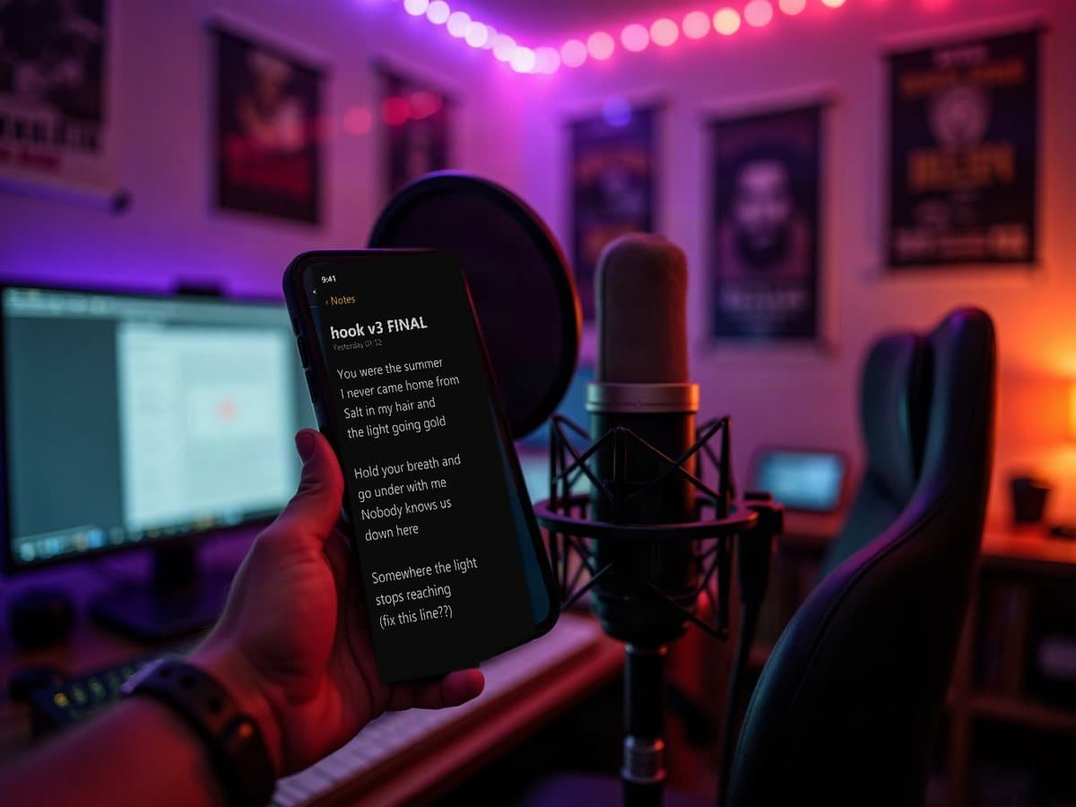 A hand holding a phone up beside a condenser microphone, lyrics open in Notes.