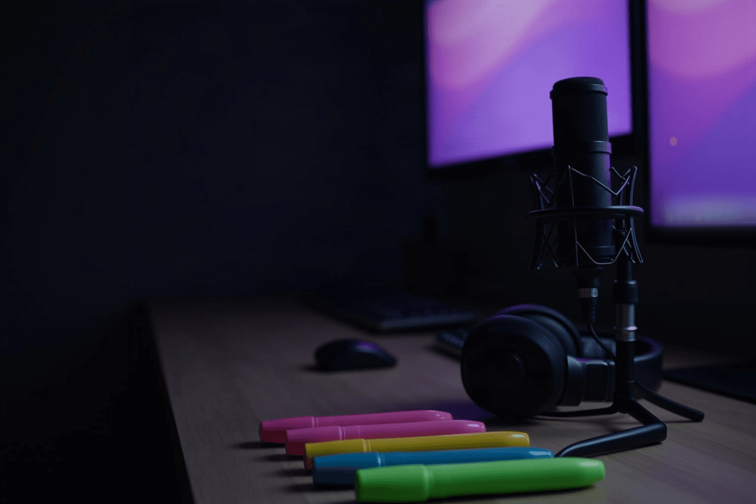 A black microphone and headphones on a desk in a dark studio, a row of pink, yellow, blue and green highlighter pens in front of them.
