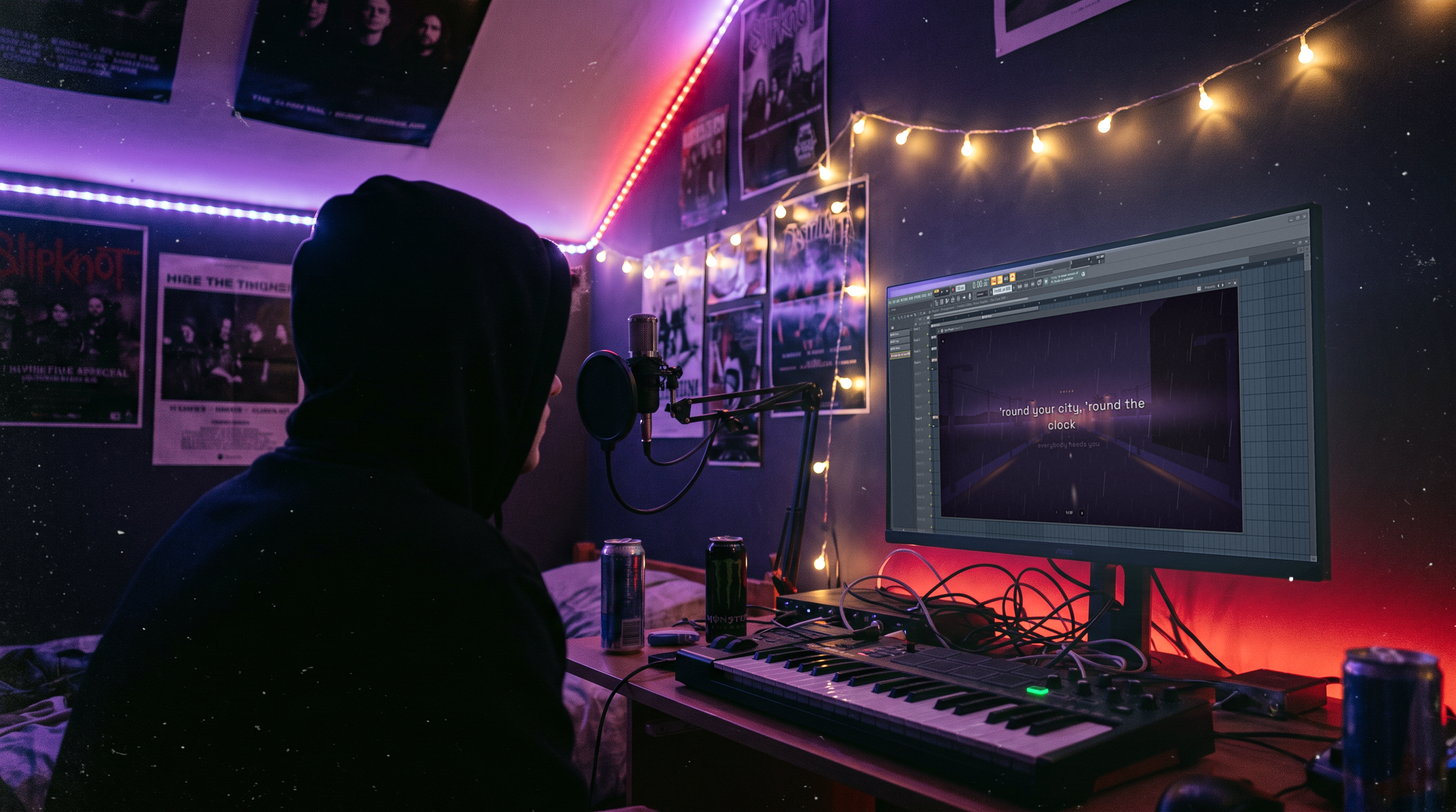 A songwriter at a bedroom setup, the lyric display running full-screen in their DAW.