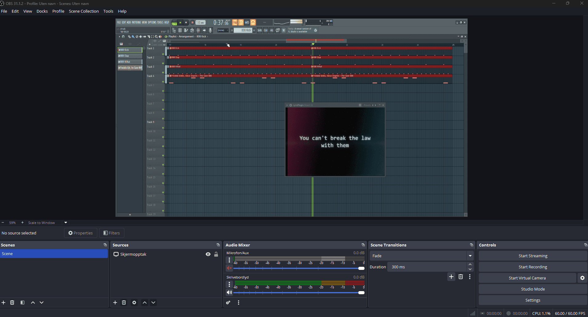 OBS recording FL Studio with the Lyriquee display open over the playlist.