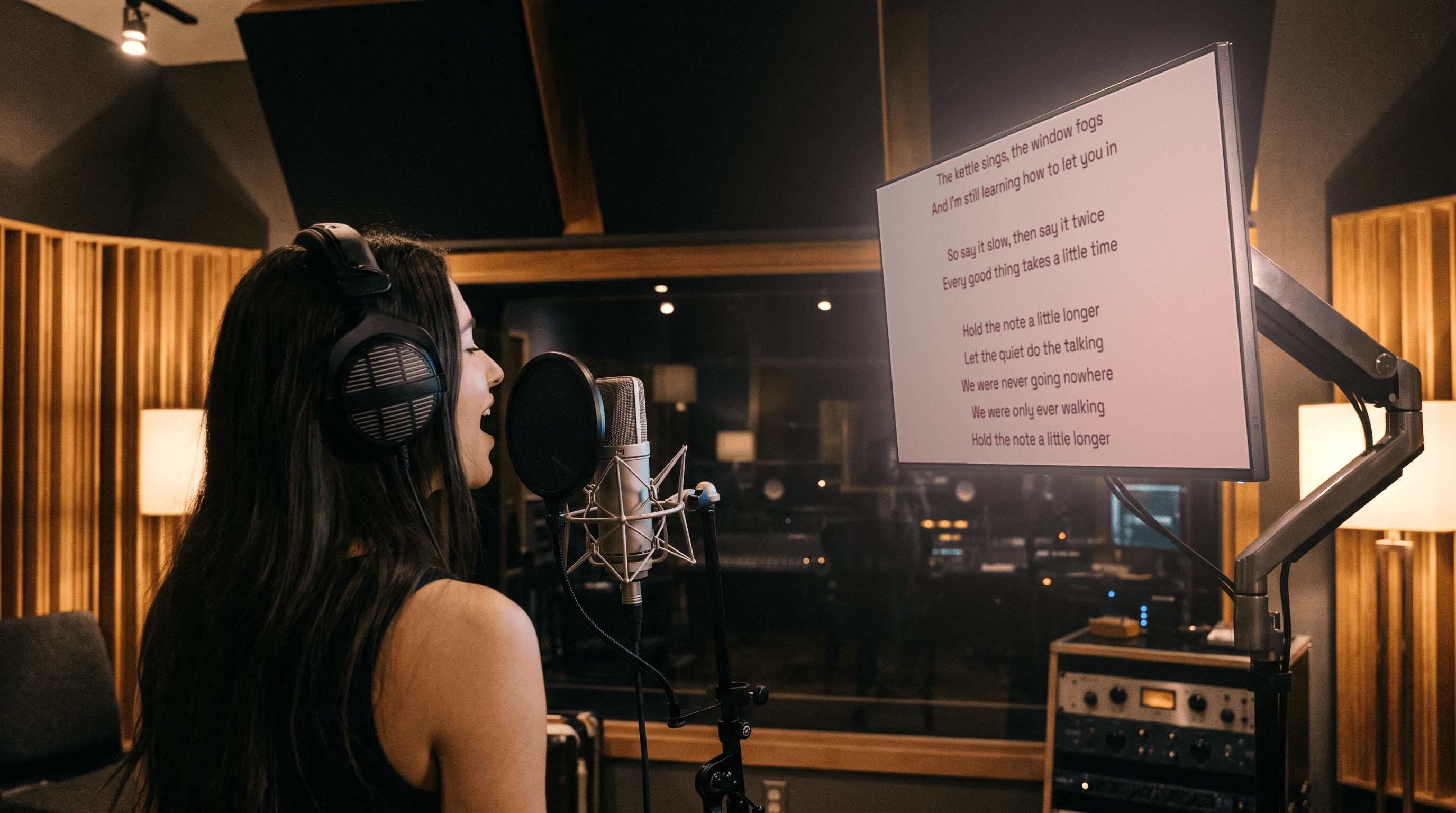A vocalist tracking in a booth, reading lyrics from a screen on a monitor arm.