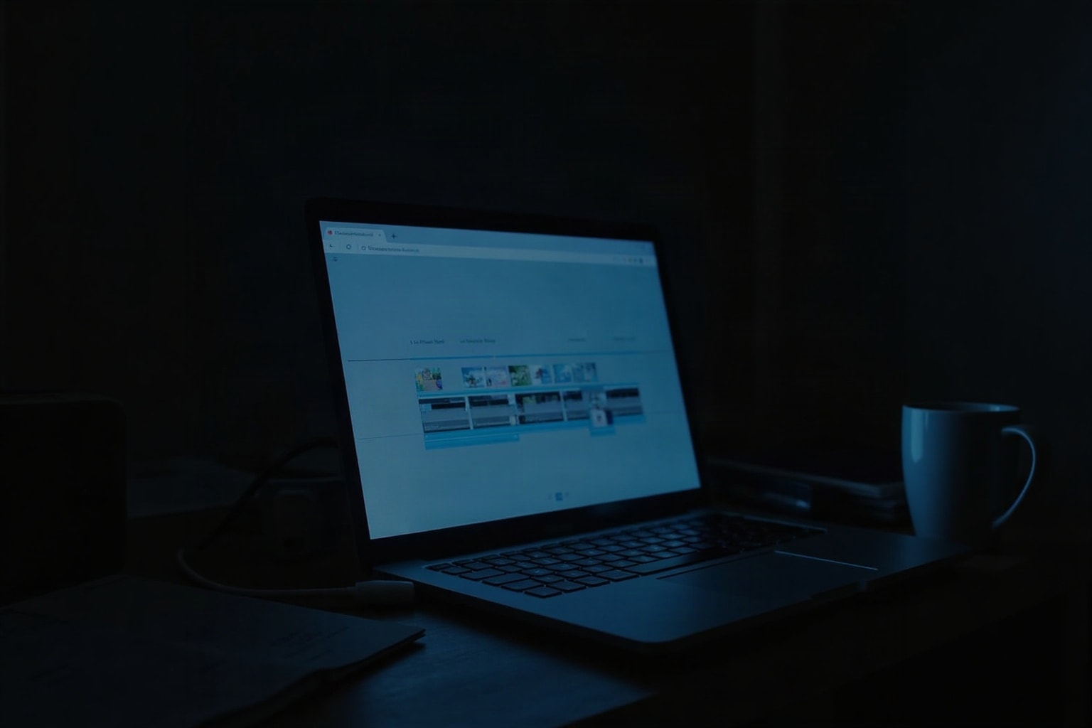 A laptop in a dark room showing an out-of-focus video editing timeline.