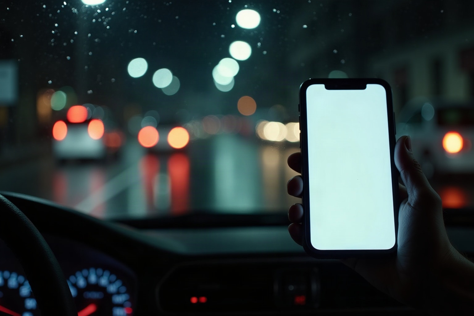 A phone held up in a car at night, its screen glowing, city lights and rain out of focus through the windscreen.