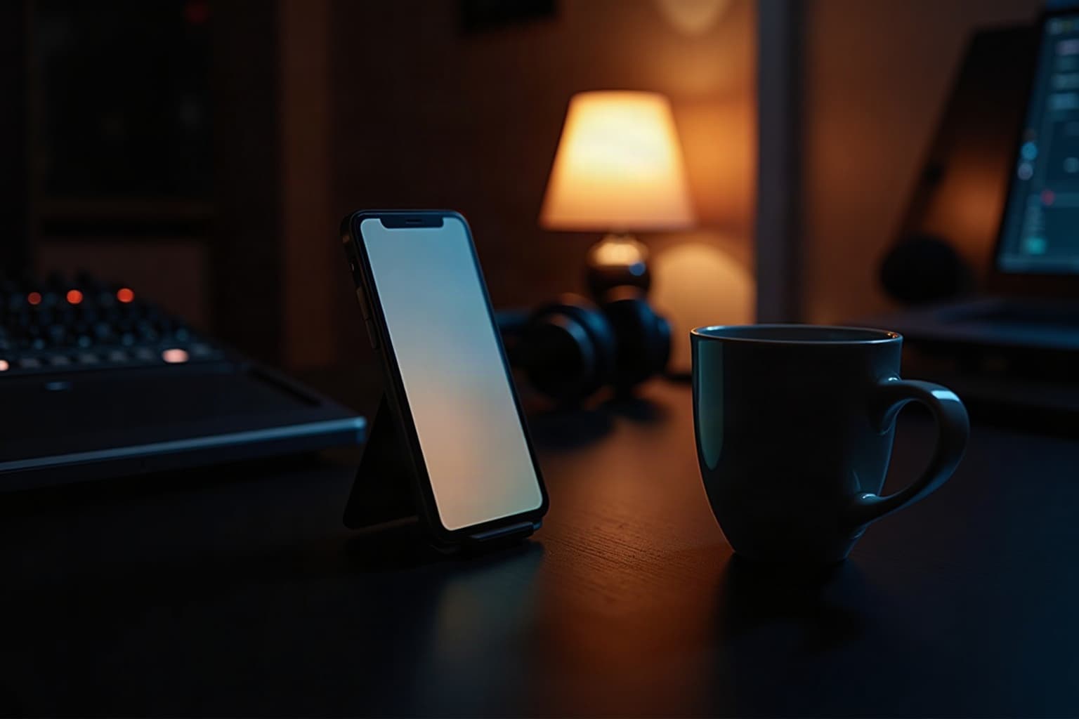 A phone propped up on a dark home studio desk beside headphones and a coffee cup, its screen glowing white.
