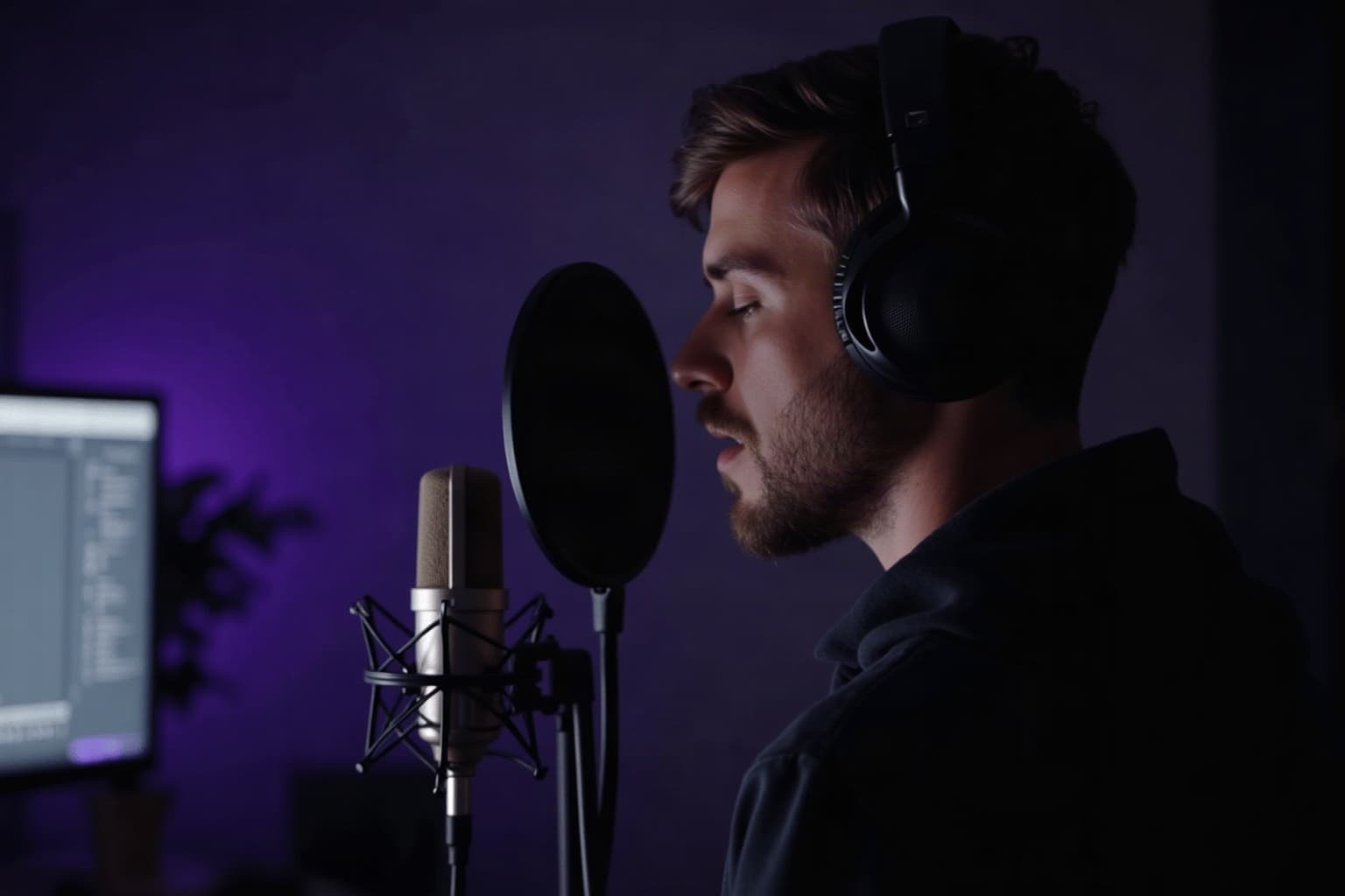A singer at a condenser microphone in a dark home studio, wearing closed back headphones.