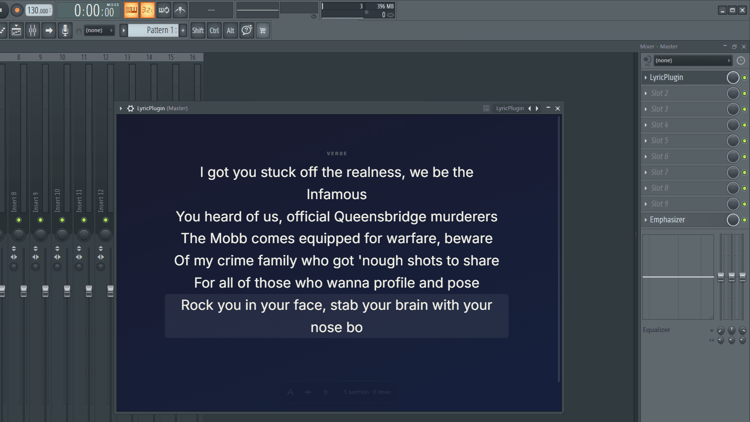 The Lyriquee plugin window open over the FL Studio mixer, showing a verse of lyrics.
